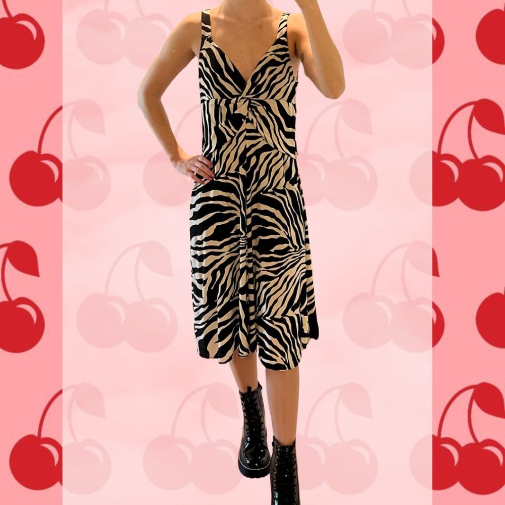 Jones New York Black and Cream Patterned Midi Dress Size 12